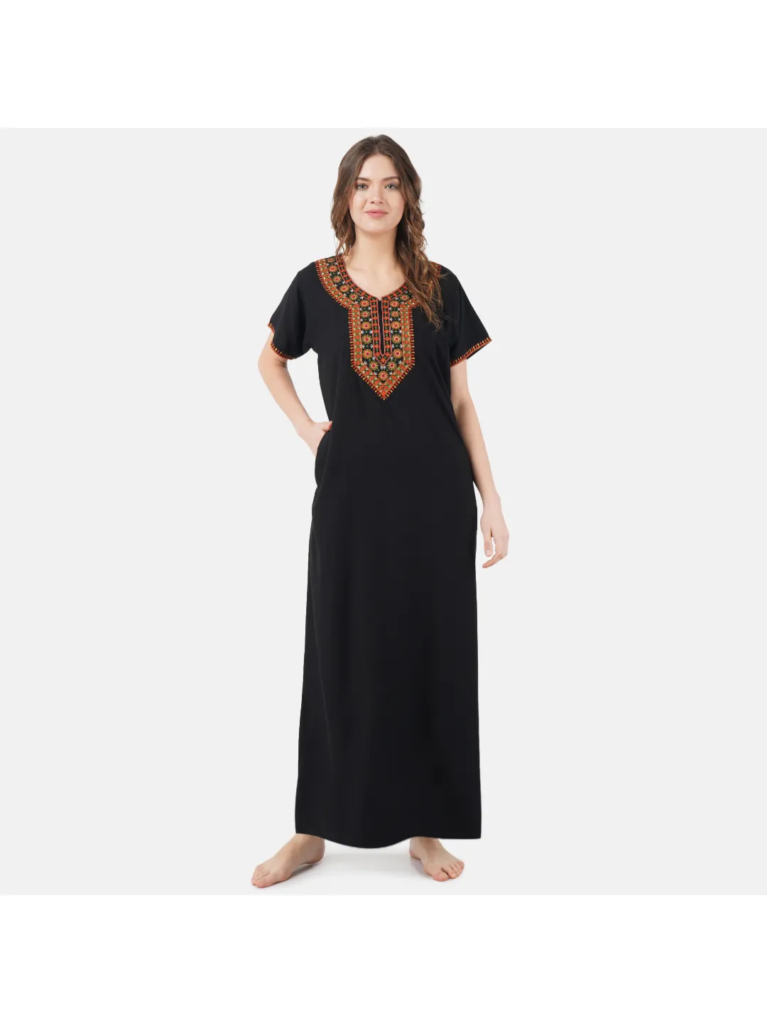 V-shaped Embroidery Night Gown