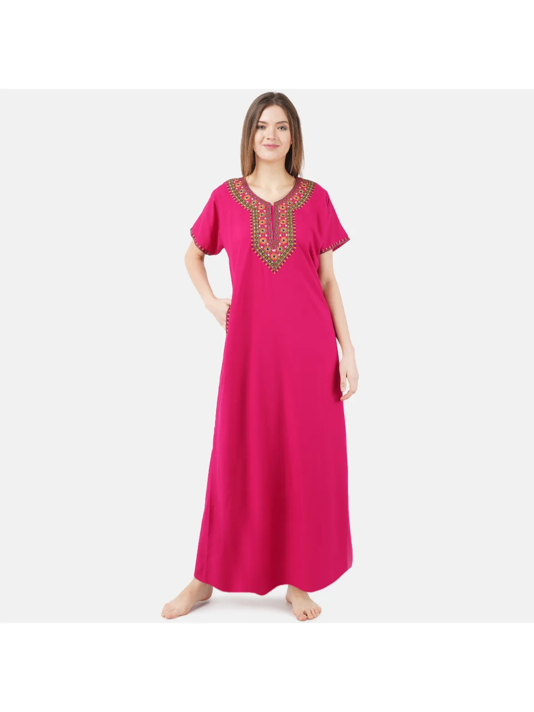 V-shaped Embroidery Night Gown