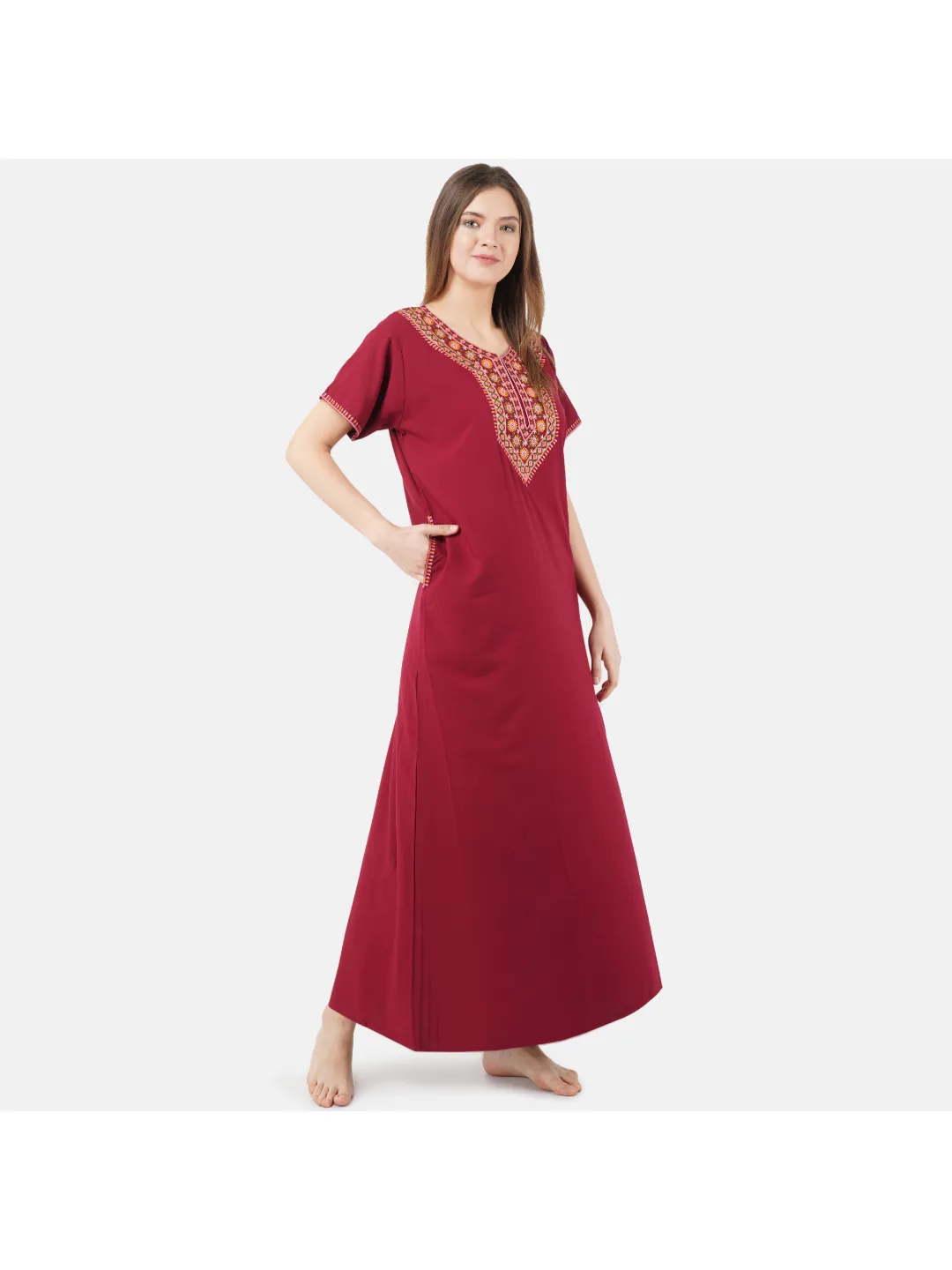 V-shaped Embroidery Night Gown