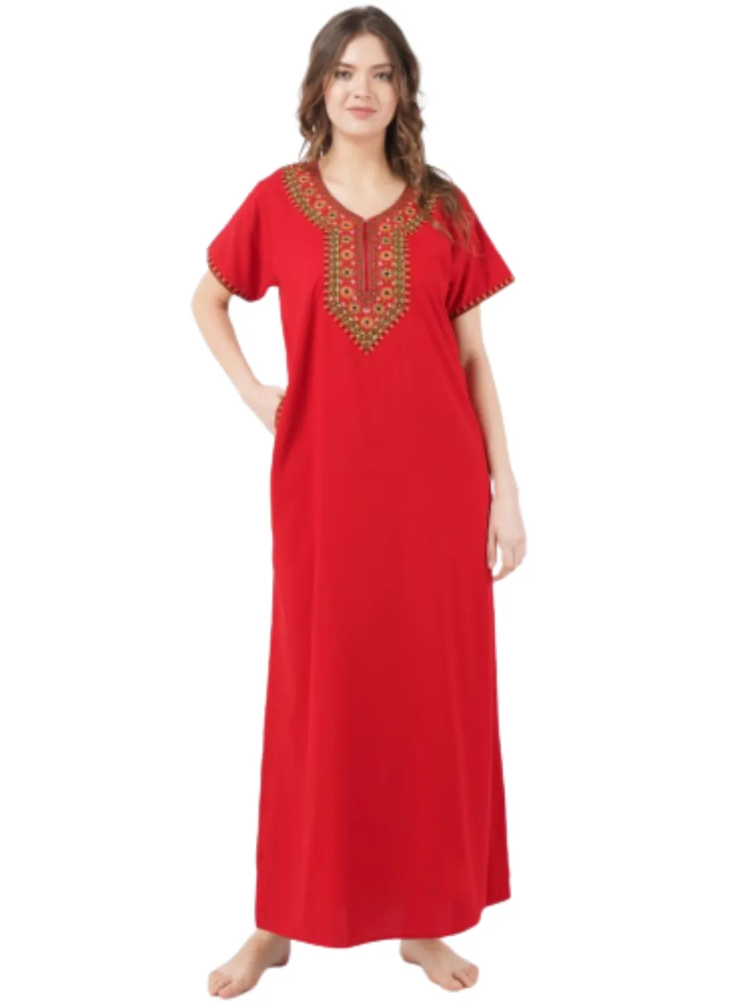 V-shaped Embroidery Night Gown
