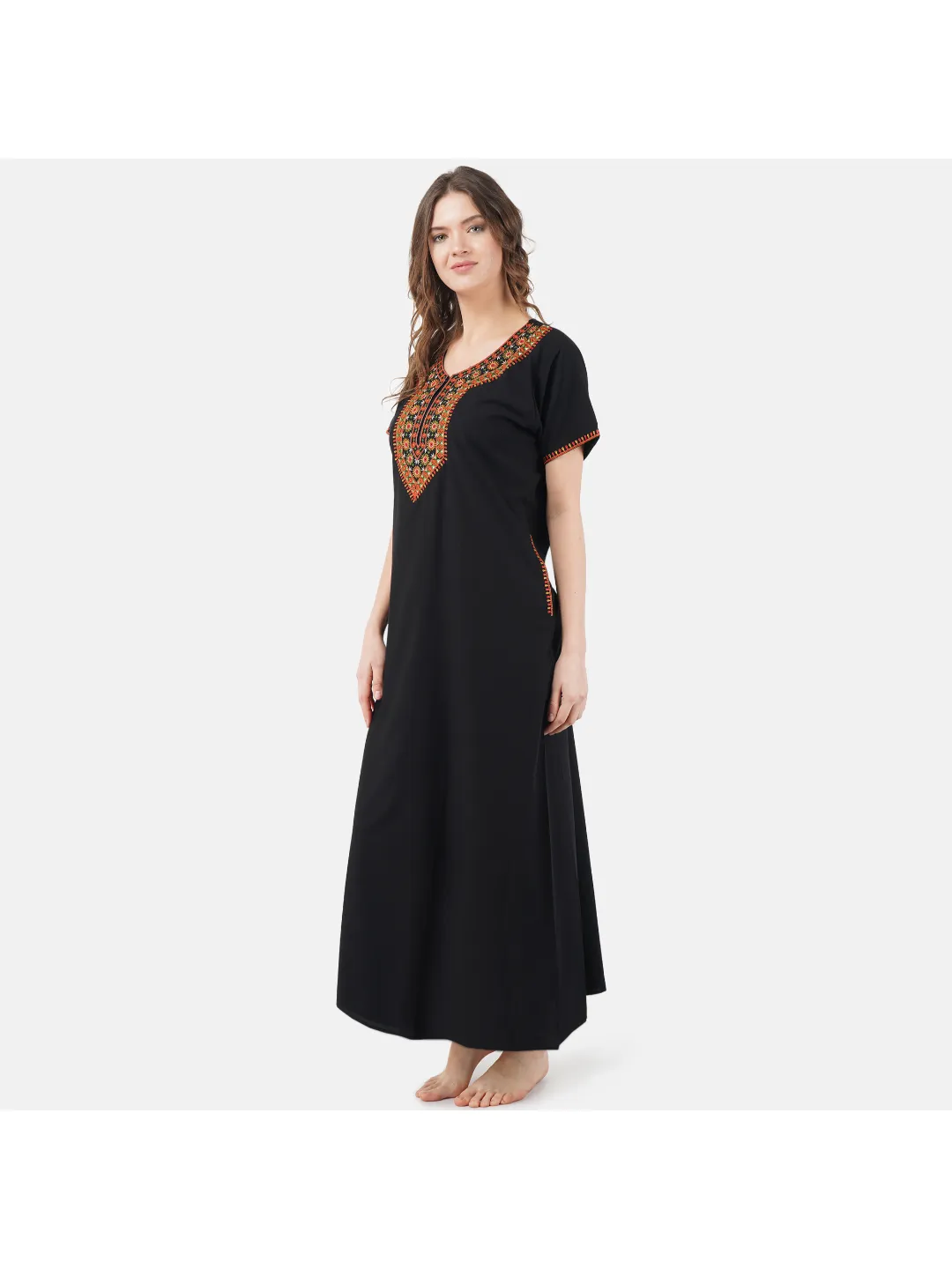 V-shaped Embroidery Night Gown