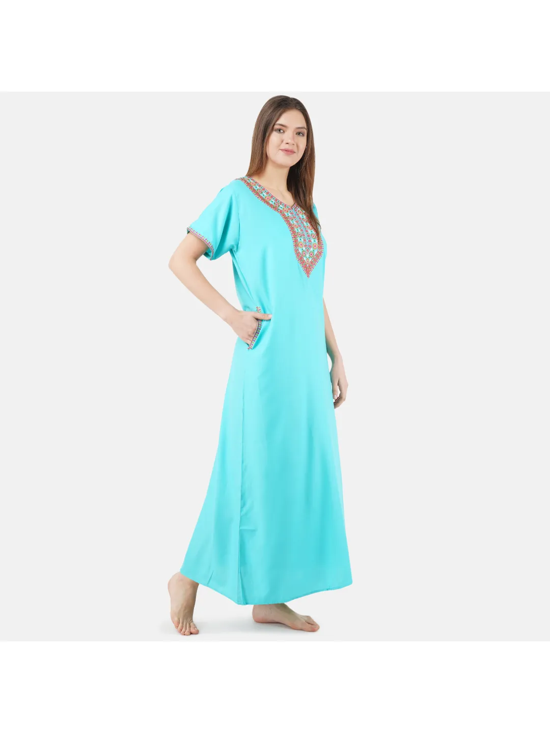 V-shaped Embroidery Night Gown