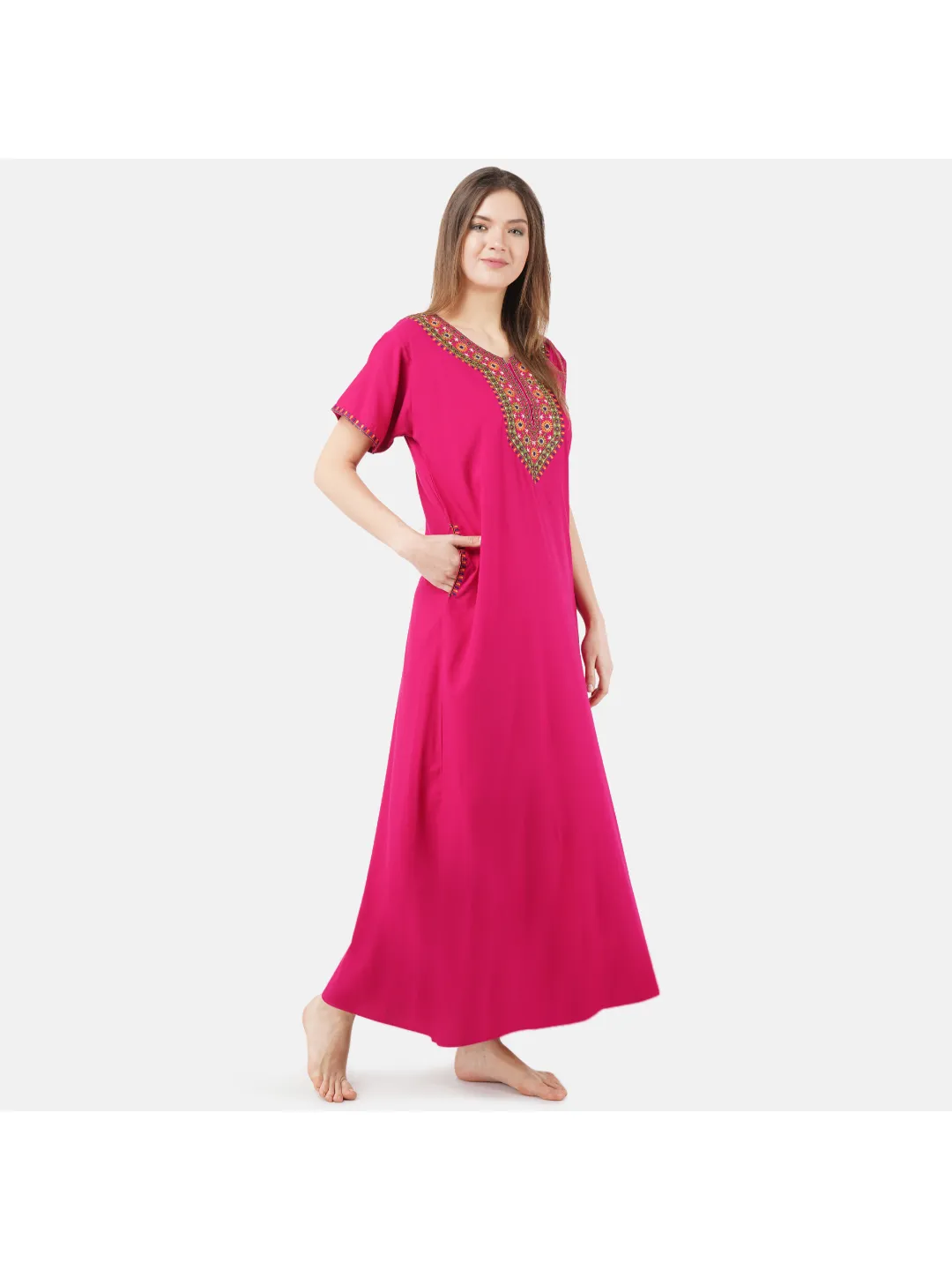 V-shaped Embroidery Night Gown