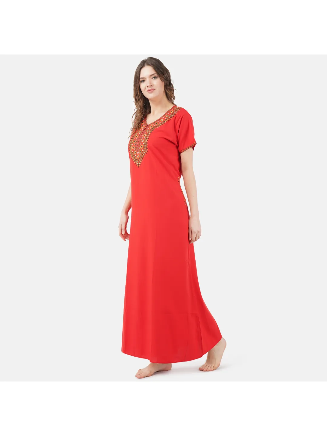 V-shaped Embroidery Night Gown