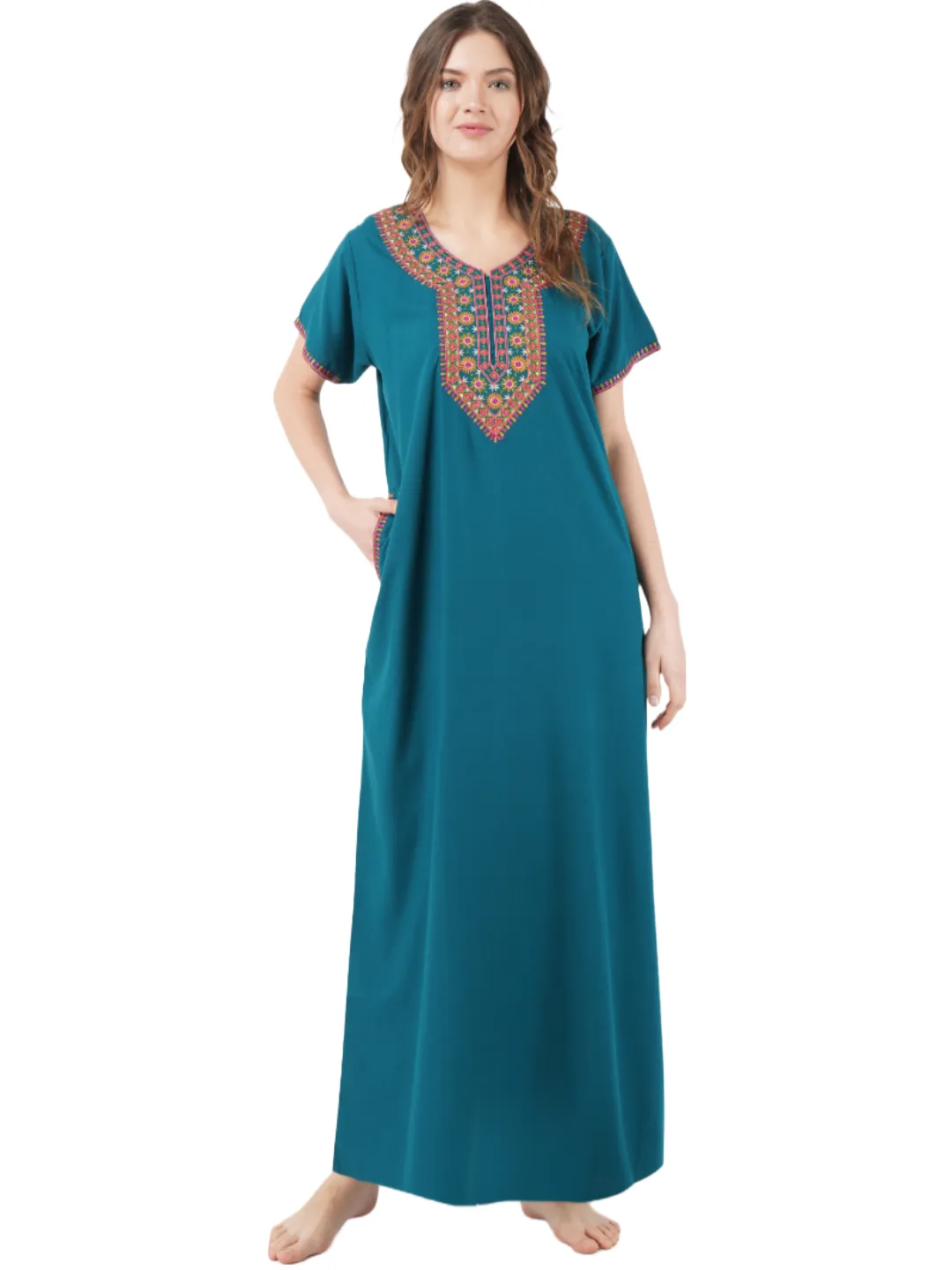 V-shaped Embroidery Night Gown