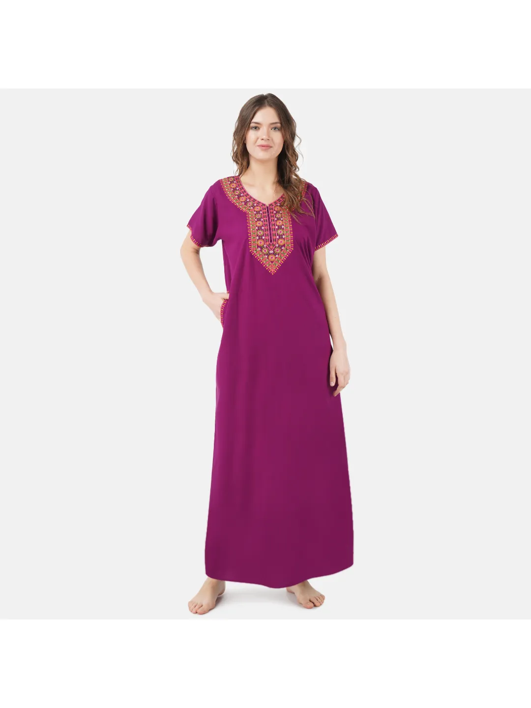 V-shaped Embroidery Night Gown