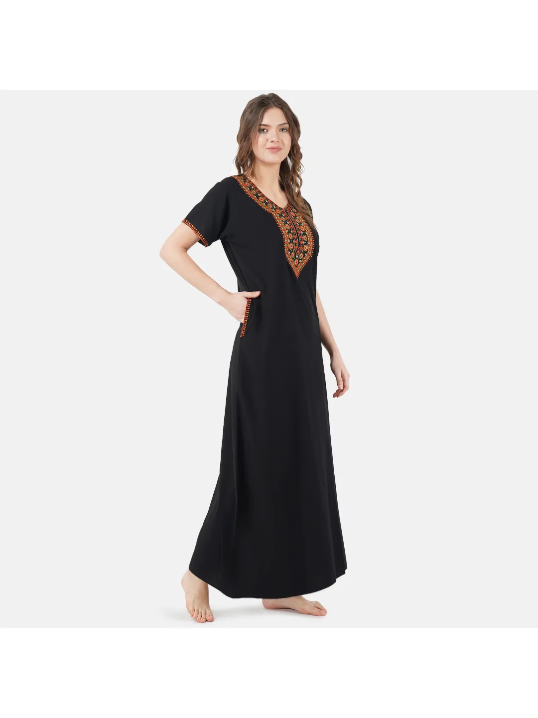 V-shaped Embroidery Night Gown