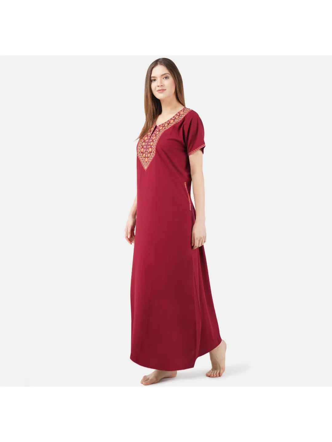 V-shaped Embroidery Night Gown
