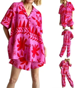 Vacation Outfits for Women 2 Piece Cotton Linen Sets Hawaiian Button Shirt Capri Pants Baggy Sweatpants Beach Clothes