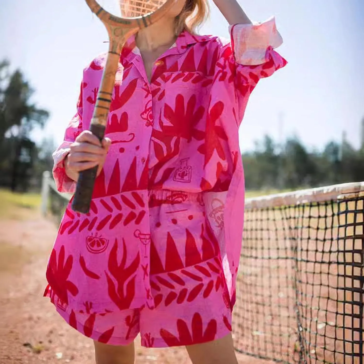 Vacation Outfits for Women 2 Piece Cotton Linen Sets Hawaiian Button Shirt Capri Pants Baggy Sweatpants Beach Clothes