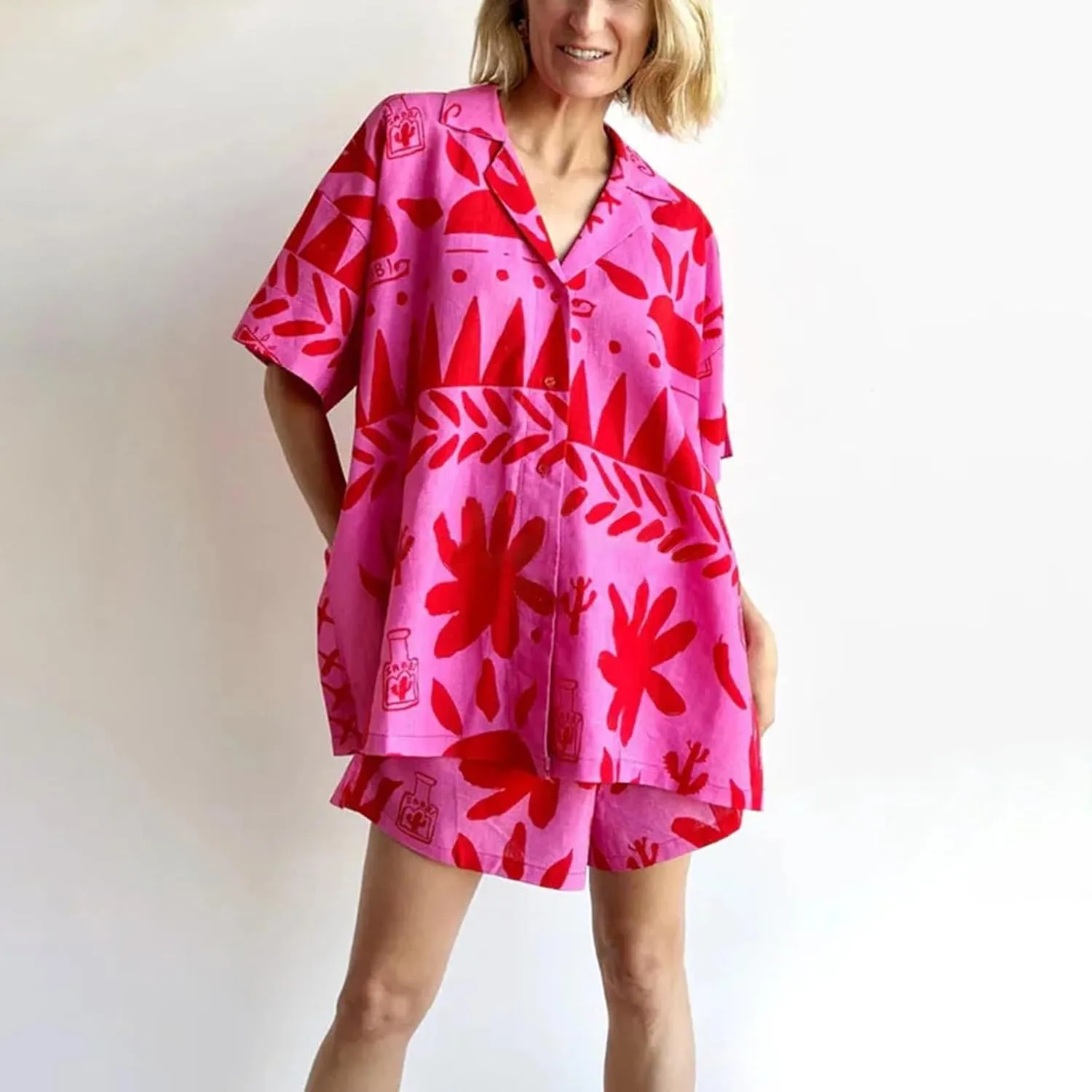 Vacation Outfits for Women 2 Piece Cotton Linen Sets Hawaiian Button Shirt Capri Pants Baggy Sweatpants Beach Clothes
