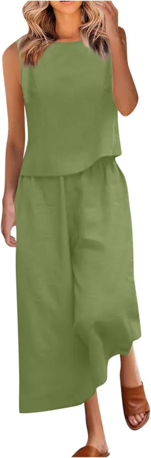 Vacation Outfits for Women Round Neck Sleeveless Tank Top Wide Leg Pants Loungewear Sets 2 Piece Travel Outfit