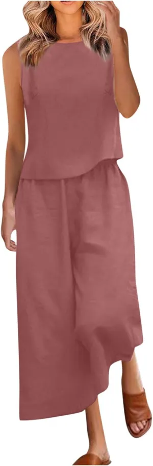 Vacation Outfits for Women Round Neck Sleeveless Tank Top Wide Leg Pants Loungewear Sets 2 Piece Travel Outfit