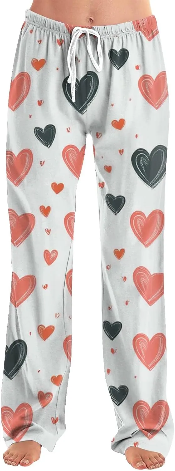 Valentines Day Pajamas Wide Leg Sleep Bottom Elastic Waist Relaxed Fit Love Heart Comfy Long Pj Pajama Pants Holiday