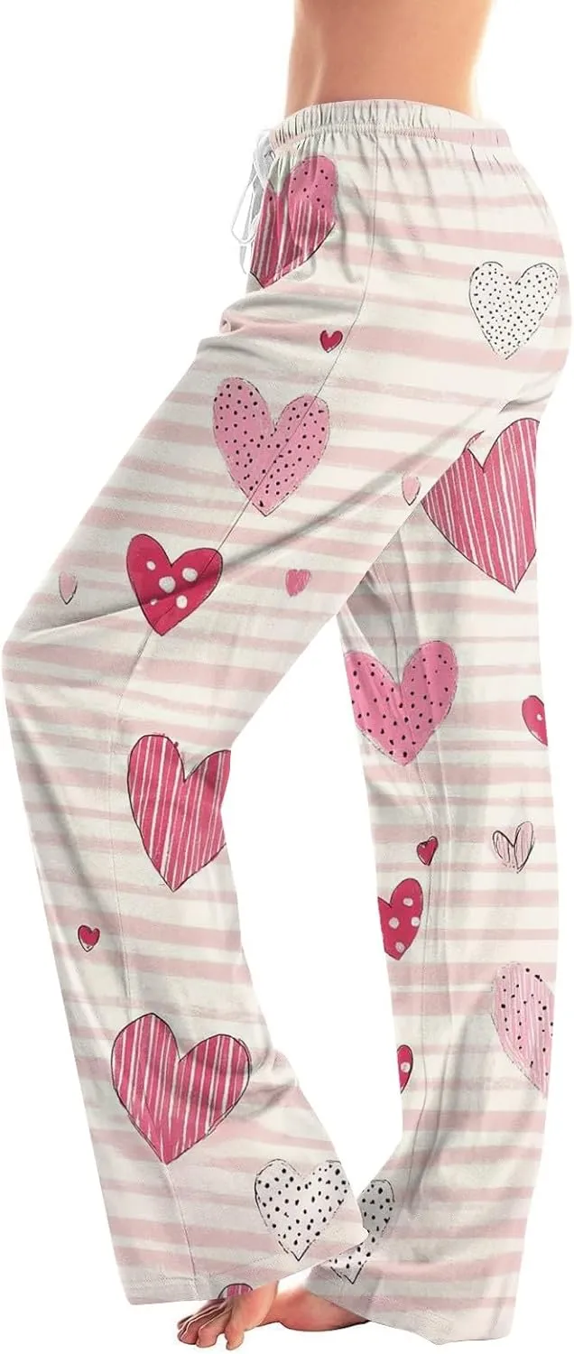Valentines Day Pajamas Wide Leg Sleep Bottom Elastic Waist Relaxed Fit Love Heart Comfy Long Pj Pajama Pants Holiday