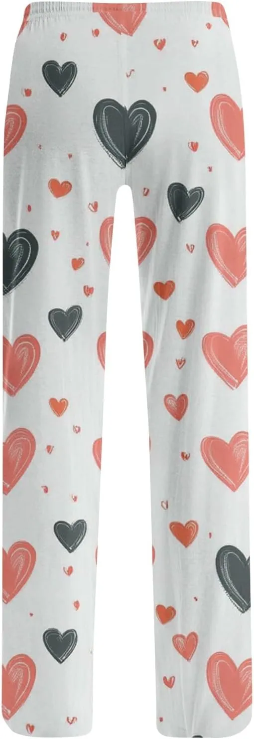 Valentines Day Pajamas Wide Leg Sleep Bottom Elastic Waist Relaxed Fit Love Heart Comfy Long Pj Pajama Pants Holiday
