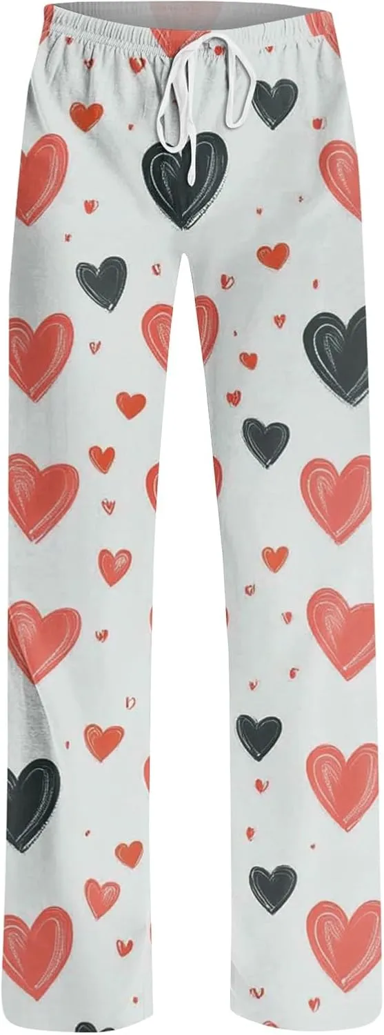 Valentines Day Pajamas Wide Leg Sleep Bottom Elastic Waist Relaxed Fit Love Heart Comfy Long Pj Pajama Pants Holiday