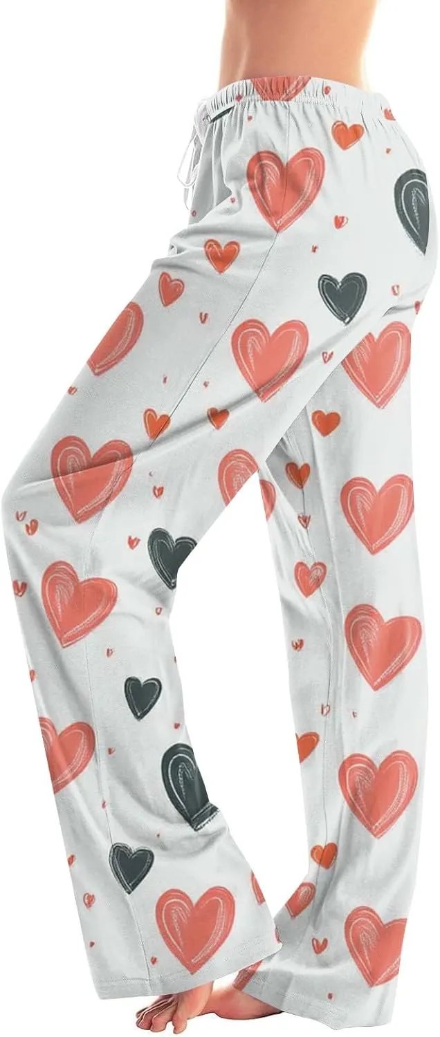 Valentines Day Pajamas Wide Leg Sleep Bottom Elastic Waist Relaxed Fit Love Heart Comfy Long Pj Pajama Pants Holiday