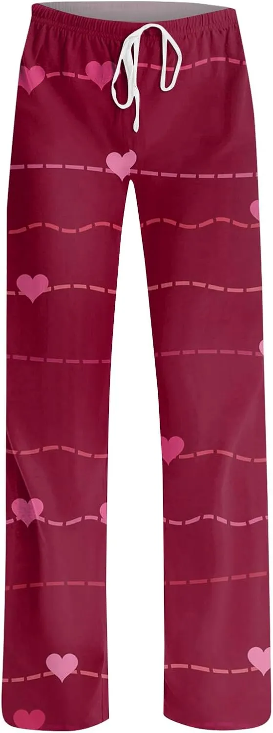 Valentines Day Pajamas Wide Leg Sleep Bottom Elastic Waist Relaxed Fit Love Heart Comfy Long Pj Pajama Pants Holiday
