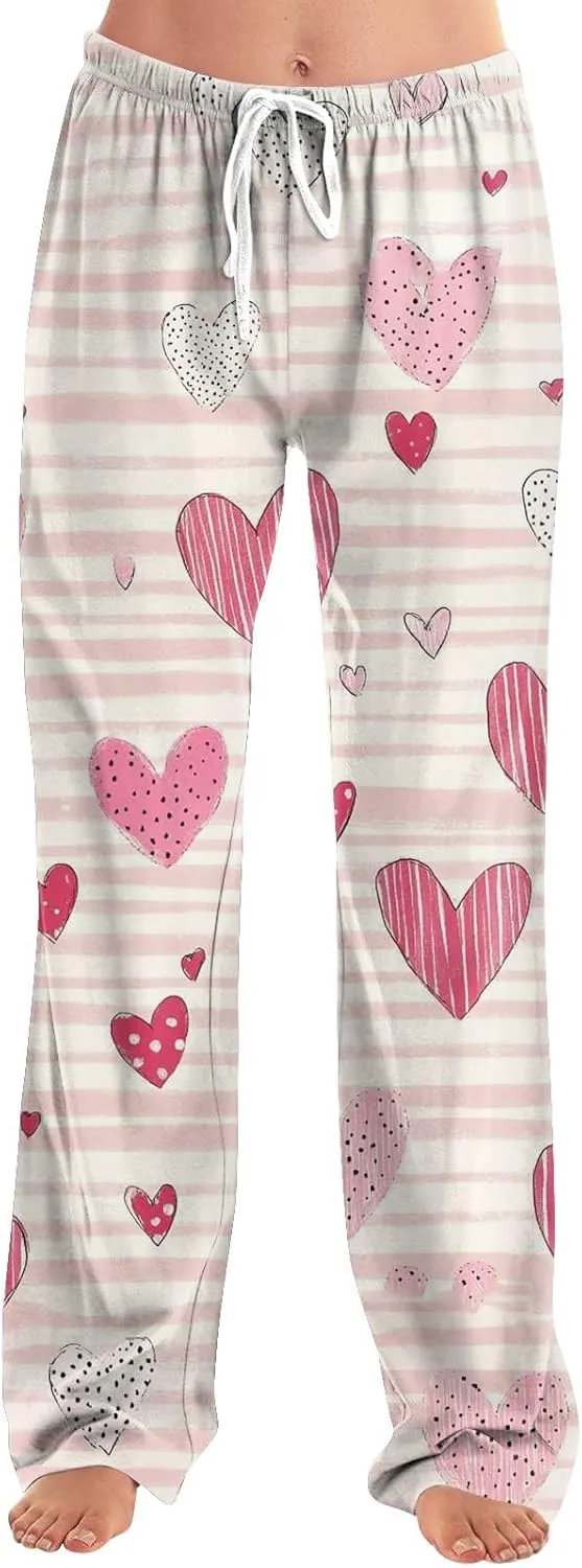 Valentines Day Pajamas Wide Leg Sleep Bottom Elastic Waist Relaxed Fit Love Heart Comfy Long Pj Pajama Pants Holiday