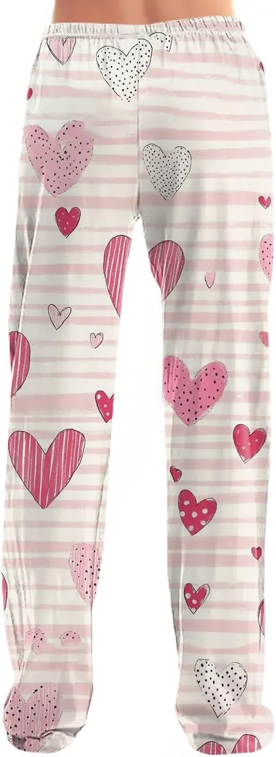 Valentines Day Pajamas Wide Leg Sleep Bottom Elastic Waist Relaxed Fit Love Heart Comfy Long Pj Pajama Pants Holiday