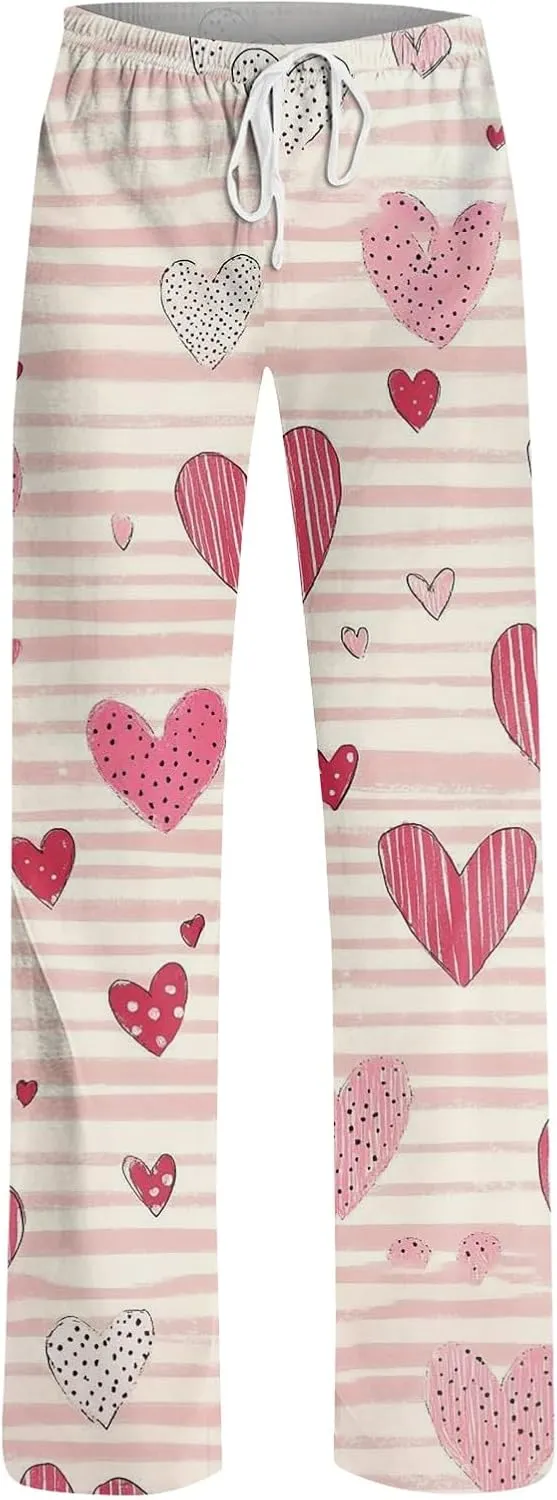 Valentines Day Pajamas Wide Leg Sleep Bottom Elastic Waist Relaxed Fit Love Heart Comfy Long Pj Pajama Pants Holiday