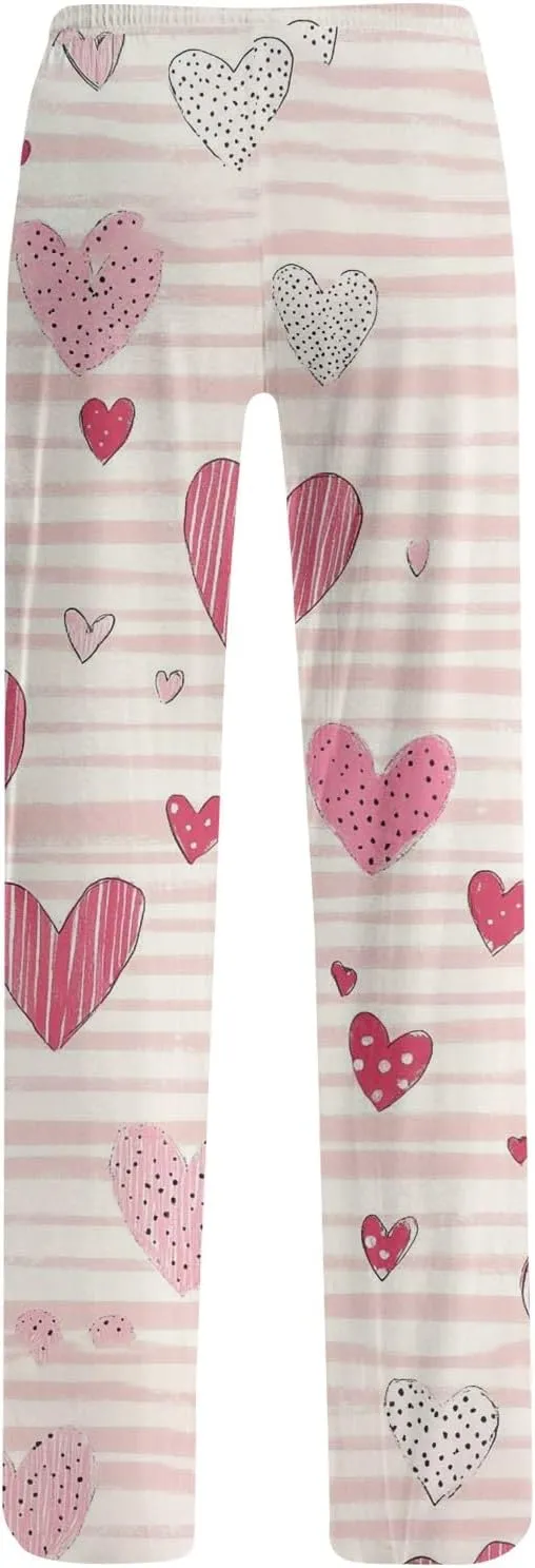 Valentines Day Pajamas Wide Leg Sleep Bottom Elastic Waist Relaxed Fit Love Heart Comfy Long Pj Pajama Pants Holiday