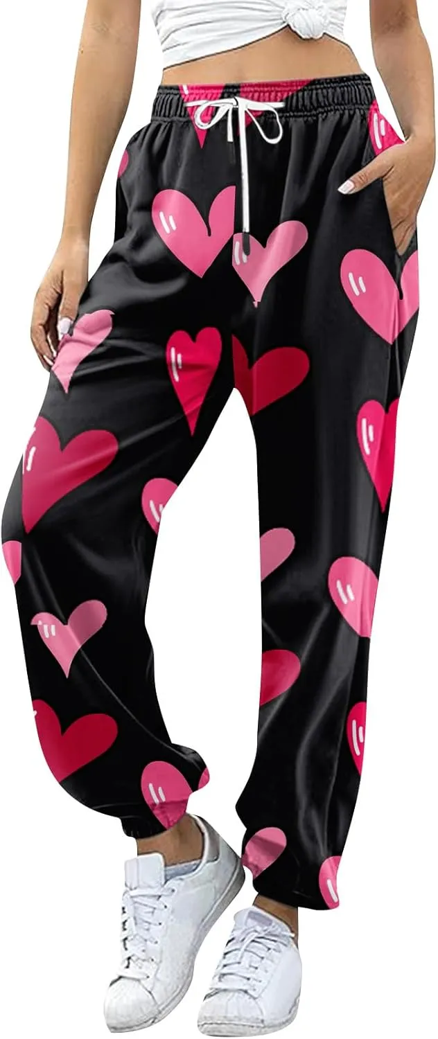 Valentines Day Pants Women Drawstring High Waisted Lounge Joggers with Pockets Heart Pj Elastic Baggy Sweatpants