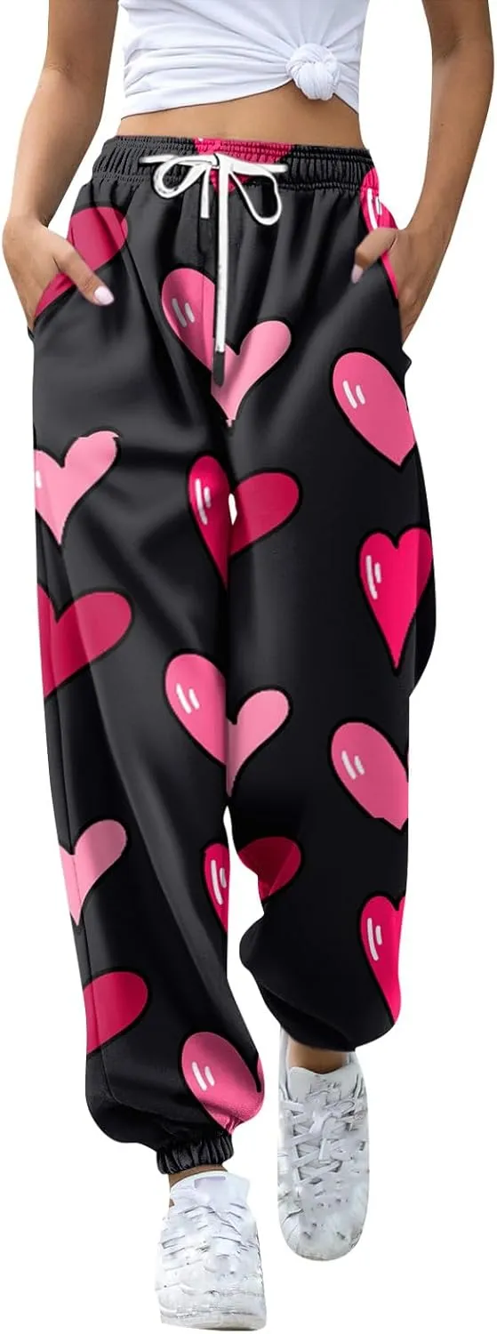 Valentines Day Pants Women Drawstring High Waisted Lounge Joggers with Pockets Heart Pj Elastic Baggy Sweatpants