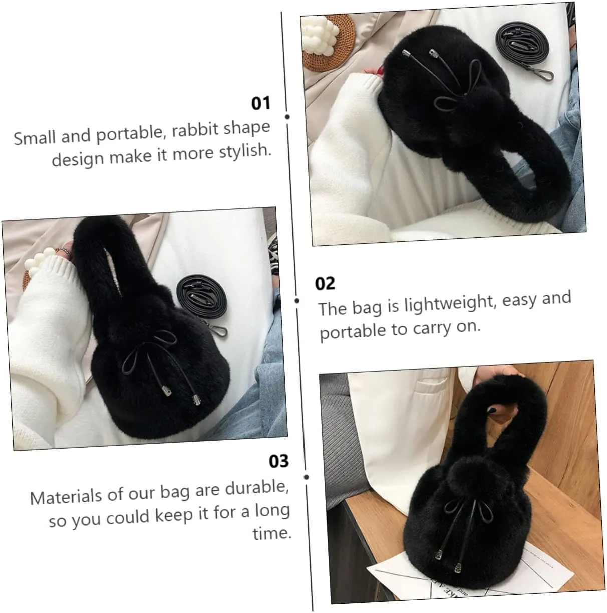 VALICLUD Body Slouchy Fluffy Autumn Handbag Travel Plush Bag Dating Large Black Bag Wrist Female School Bag Cross Adorable Winter Bucket Fur Simple Forearm