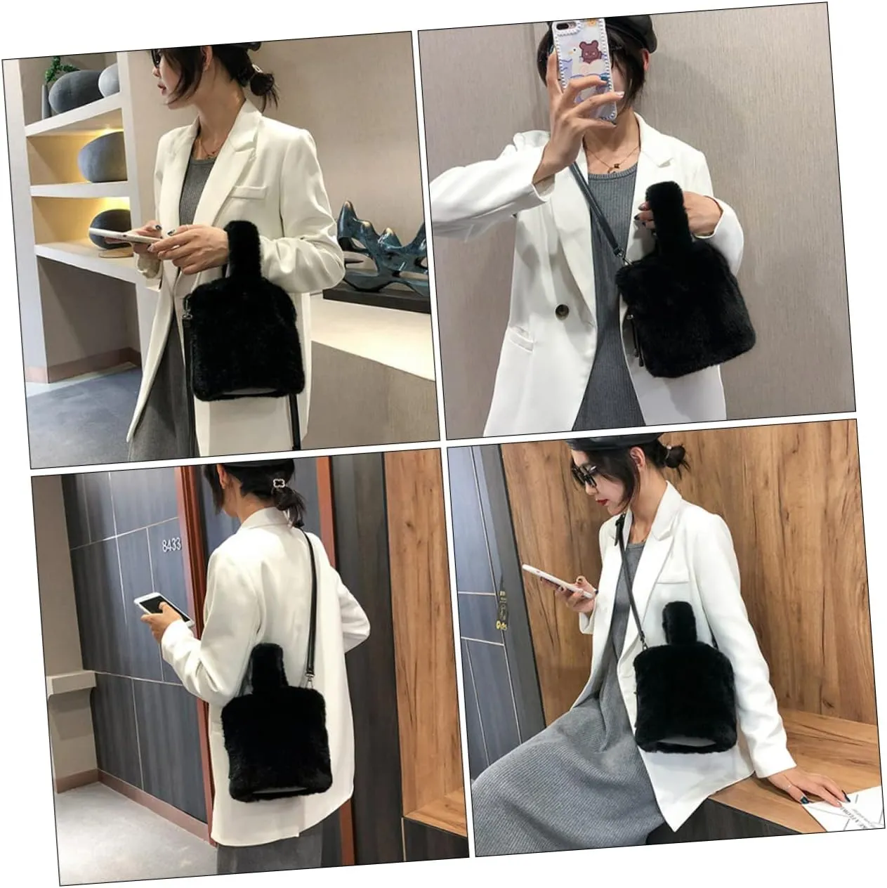 VALICLUD Body Slouchy Fluffy Autumn Handbag Travel Plush Bag Dating Large Black Bag Wrist Female School Bag Cross Adorable Winter Bucket Fur Simple Forearm