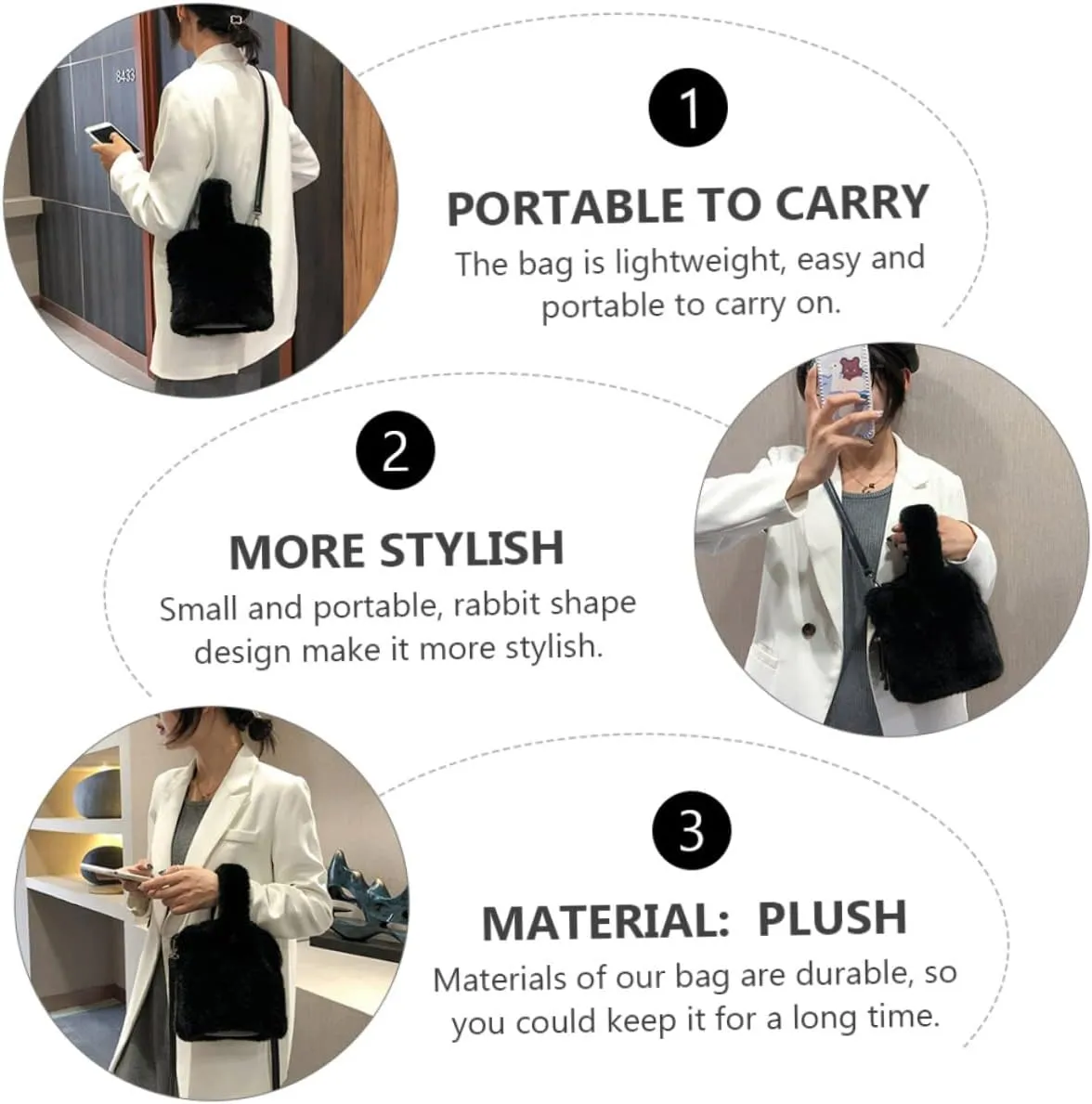 VALICLUD Body Slouchy Fluffy Autumn Handbag Travel Plush Bag Dating Large Black Bag Wrist Female School Bag Cross Adorable Winter Bucket Fur Simple Forearm