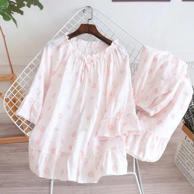 VenusFox Fresh pajamas sets women 100% gauze cotton Japanese summer long sleeve casual sleepwear women simple cute bear pyjamas