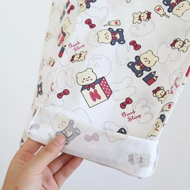 VenusFox Fresh pajamas sets women 100% gauze cotton Japanese summer long sleeve casual sleepwear women simple cute bear pyjamas