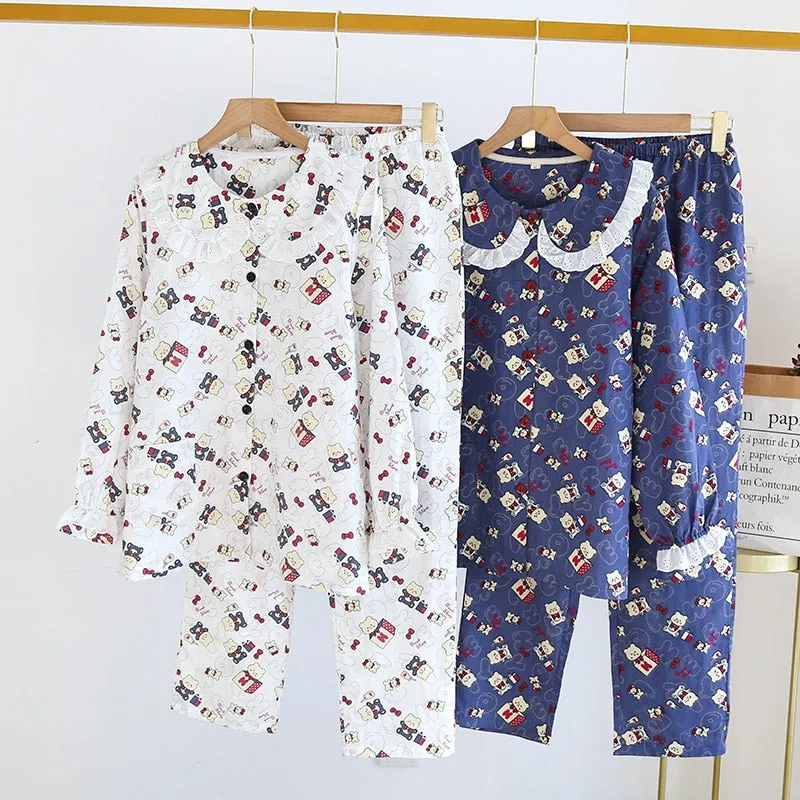 VenusFox Fresh pajamas sets women 100% gauze cotton Japanese summer long sleeve casual sleepwear women simple cute bear pyjamas