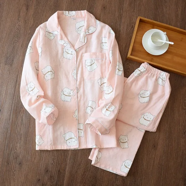 VenusFox Fresh pajamas sets women 100% gauze cotton Japanese summer long sleeve casual sleepwear women simple cute bear pyjamas