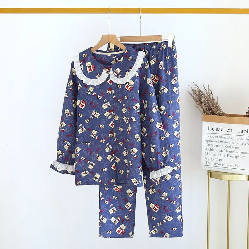 VenusFox Fresh pajamas sets women 100% gauze cotton Japanese summer long sleeve casual sleepwear women simple cute bear pyjamas