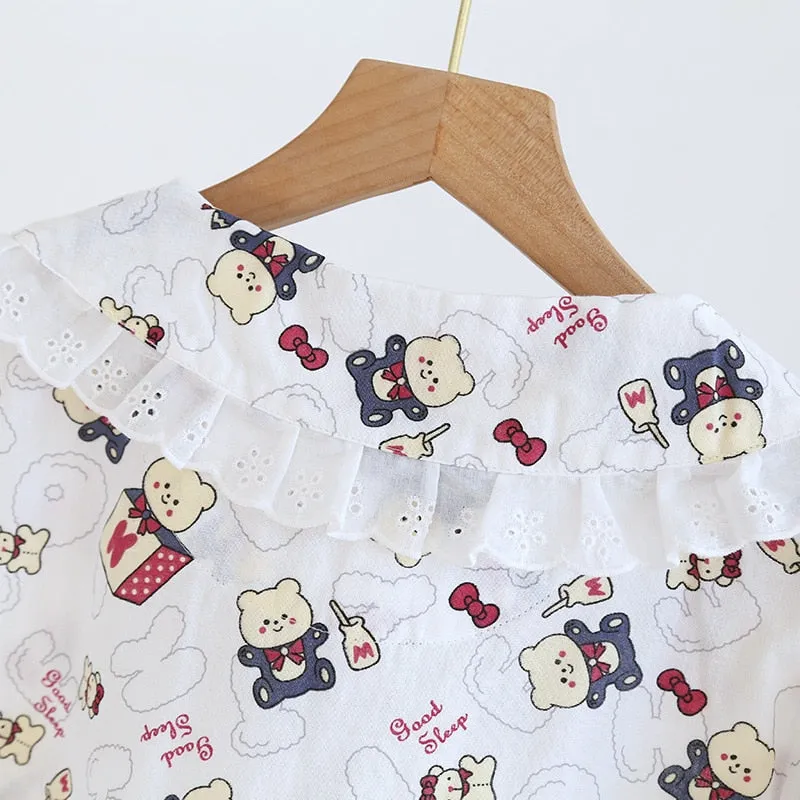 VenusFox Fresh pajamas sets women 100% gauze cotton Japanese summer long sleeve casual sleepwear women simple cute bear pyjamas