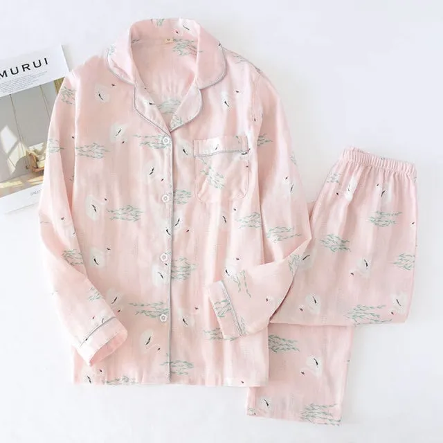 VenusFox Fresh pajamas sets women 100% gauze cotton Japanese summer long sleeve casual sleepwear women simple cute bear pyjamas