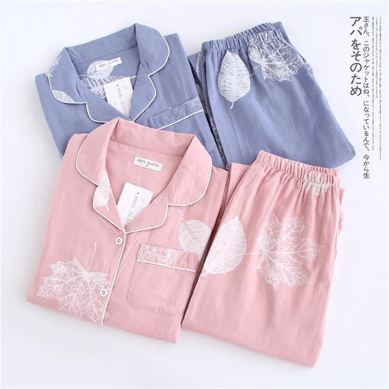 VenusFox Fresh pajamas sets women 100% gauze cotton Japanese summer long sleeve casual sleepwear women simple cute bear pyjamas