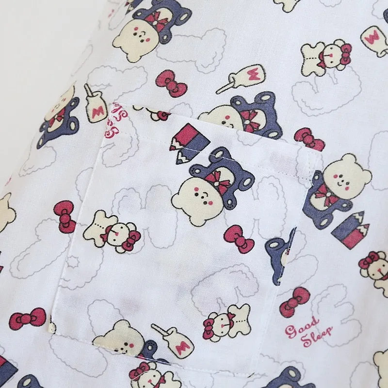 VenusFox Fresh pajamas sets women 100% gauze cotton Japanese summer long sleeve casual sleepwear women simple cute bear pyjamas