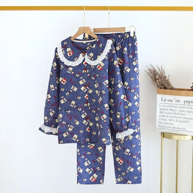 VenusFox Fresh pajamas sets women 100% gauze cotton Japanese summer long sleeve casual sleepwear women simple cute bear pyjamas