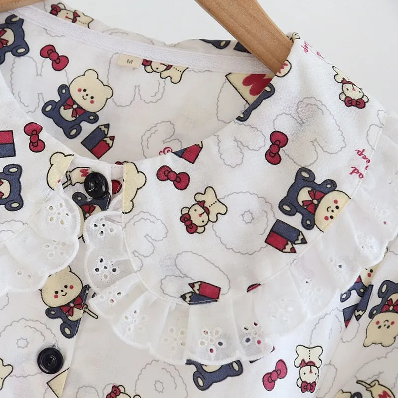 VenusFox Fresh pajamas sets women 100% gauze cotton Japanese summer long sleeve casual sleepwear women simple cute bear pyjamas
