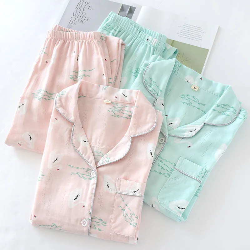 VenusFox Fresh pajamas sets women 100% gauze cotton Japanese summer long sleeve casual sleepwear women simple cute bear pyjamas