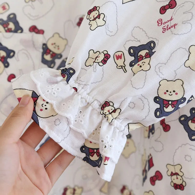 VenusFox Fresh pajamas sets women 100% gauze cotton Japanese summer long sleeve casual sleepwear women simple cute bear pyjamas