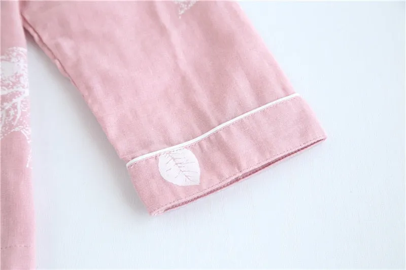 VenusFox Fresh pajamas sets women 100% gauze cotton Japanese summer long sleeve casual sleepwear women simple cute bear pyjamas