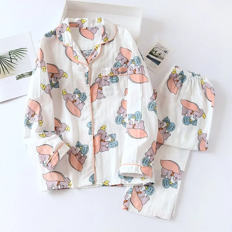 VenusFox Fresh pajamas sets women 100% gauze cotton Japanese summer long sleeve casual sleepwear women simple cute bear pyjamas