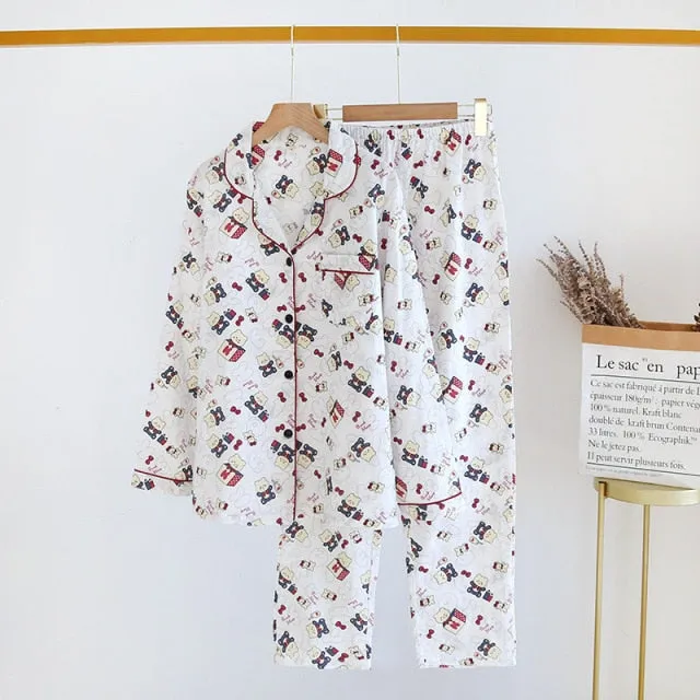 VenusFox Fresh pajamas sets women 100% gauze cotton Japanese summer long sleeve casual sleepwear women simple cute bear pyjamas