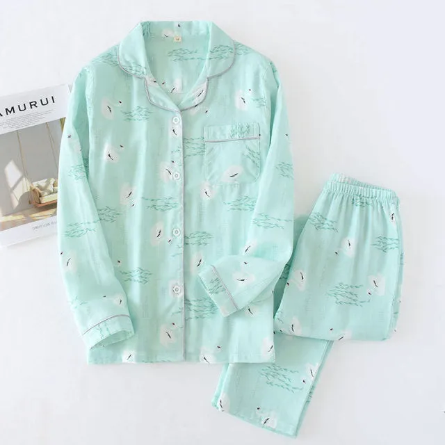 VenusFox Fresh pajamas sets women 100% gauze cotton Japanese summer long sleeve casual sleepwear women simple cute bear pyjamas