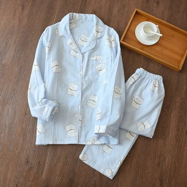VenusFox Fresh pajamas sets women 100% gauze cotton Japanese summer long sleeve casual sleepwear women simple cute bear pyjamas